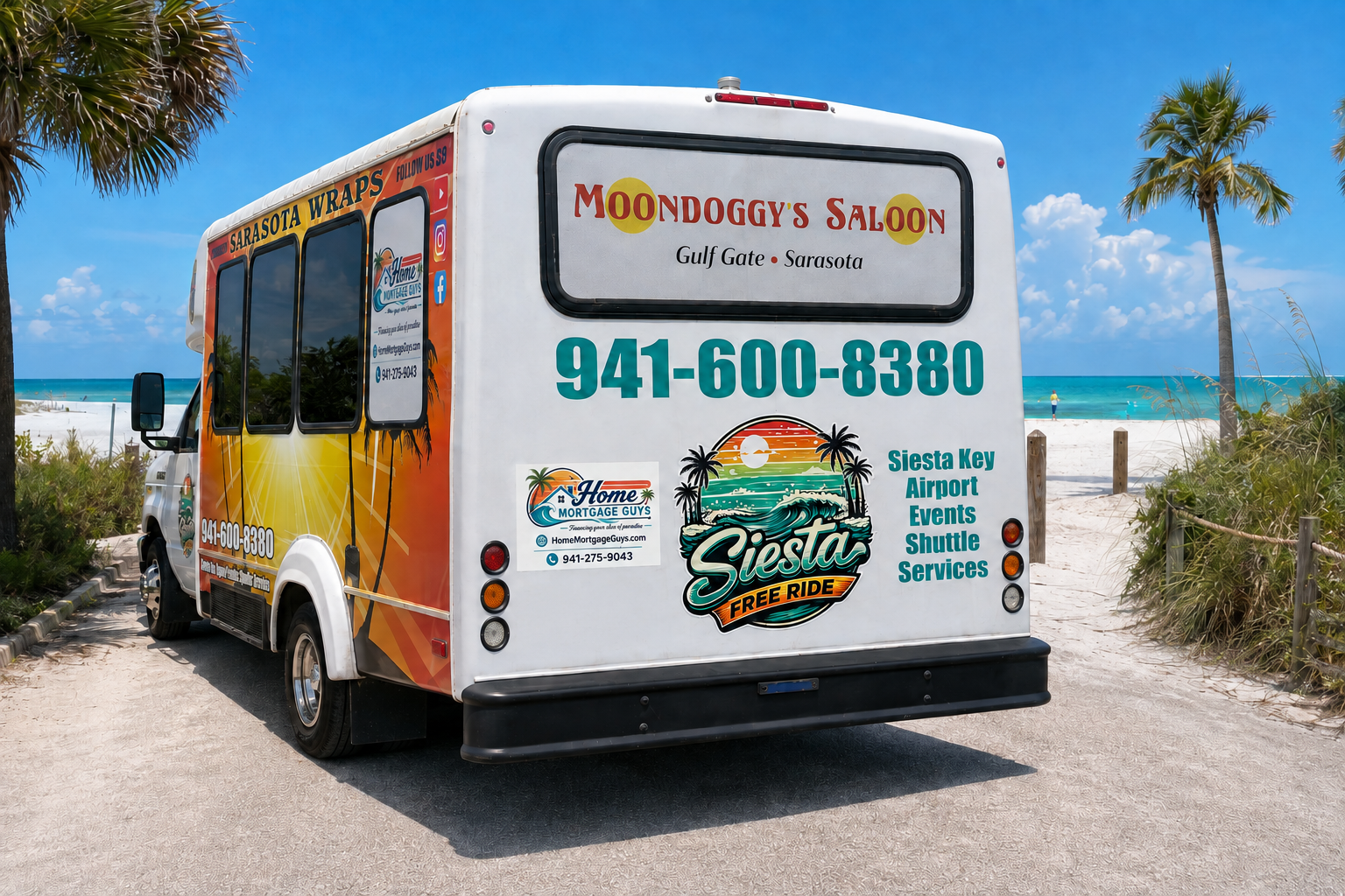 Rear view of the Siesta Free Ride trolley at the beach