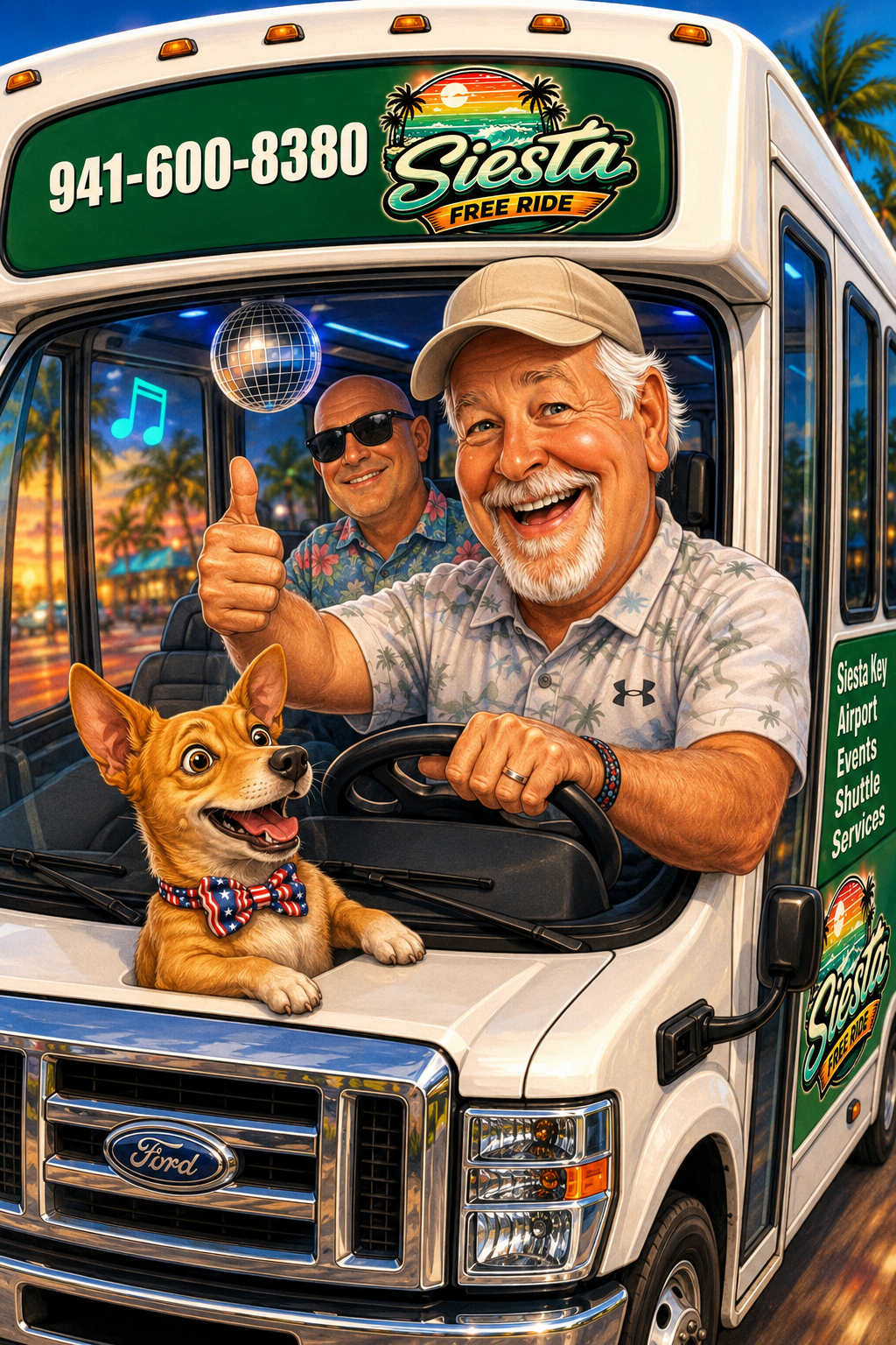 Illustration of a happy Siesta Free Ride driver, passenger and dog aboard the shuttle