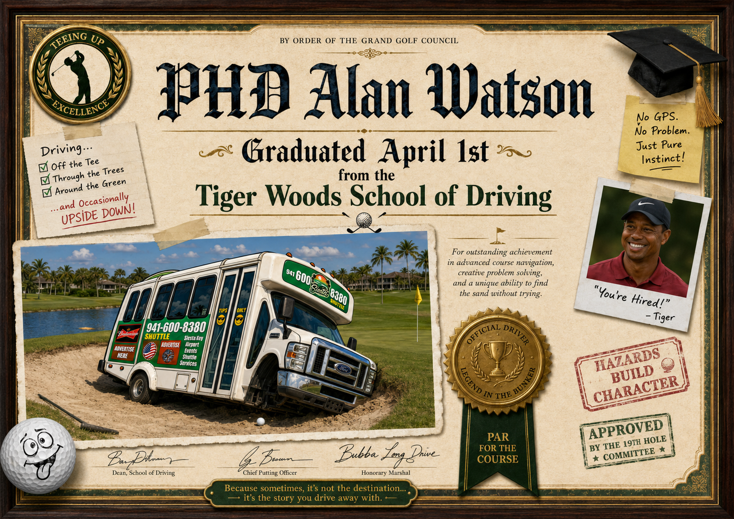Humorous Alan Watson school of driving diploma poster