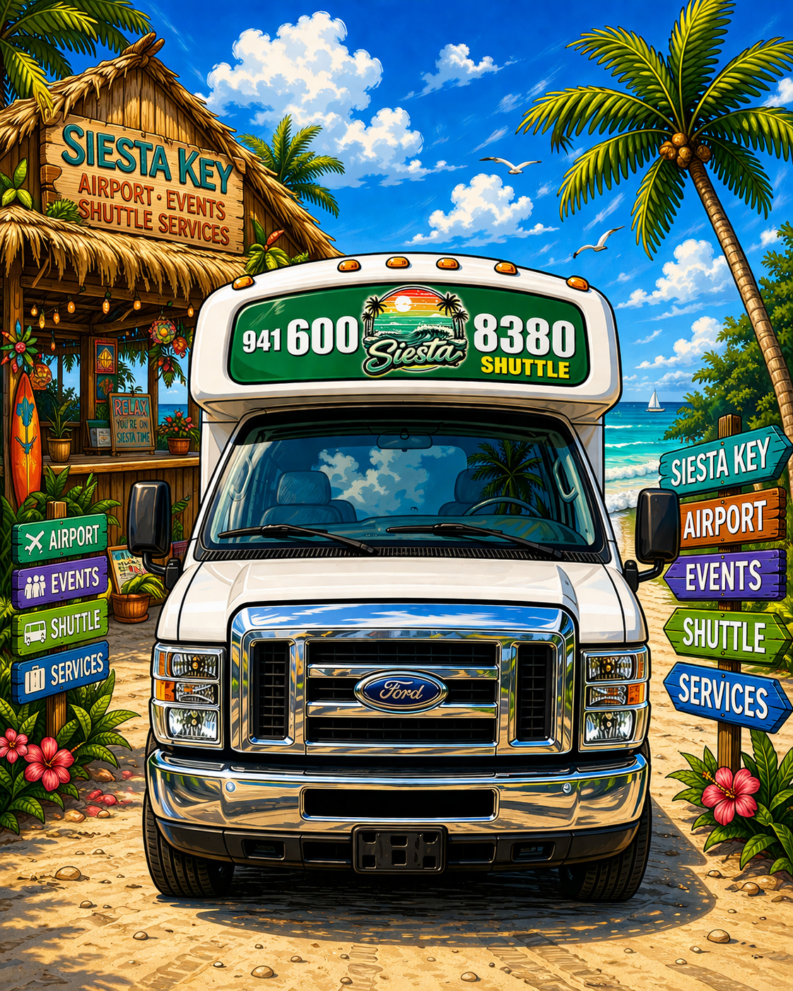 Illustrated front view of the Siesta Free Ride shuttle