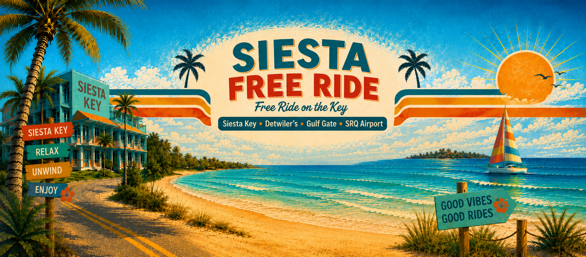 Siesta Free Ride beach scene with Siesta Key, Detwiler’s, Gulf Gate and SRQ Airport