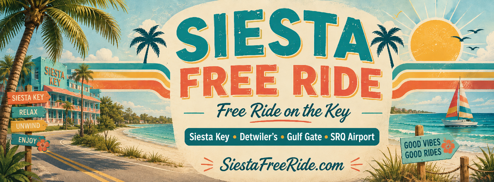 Siesta Free Ride on the Key with Siesta Key, Detwiler’s, Gulf Gate and SRQ Airport