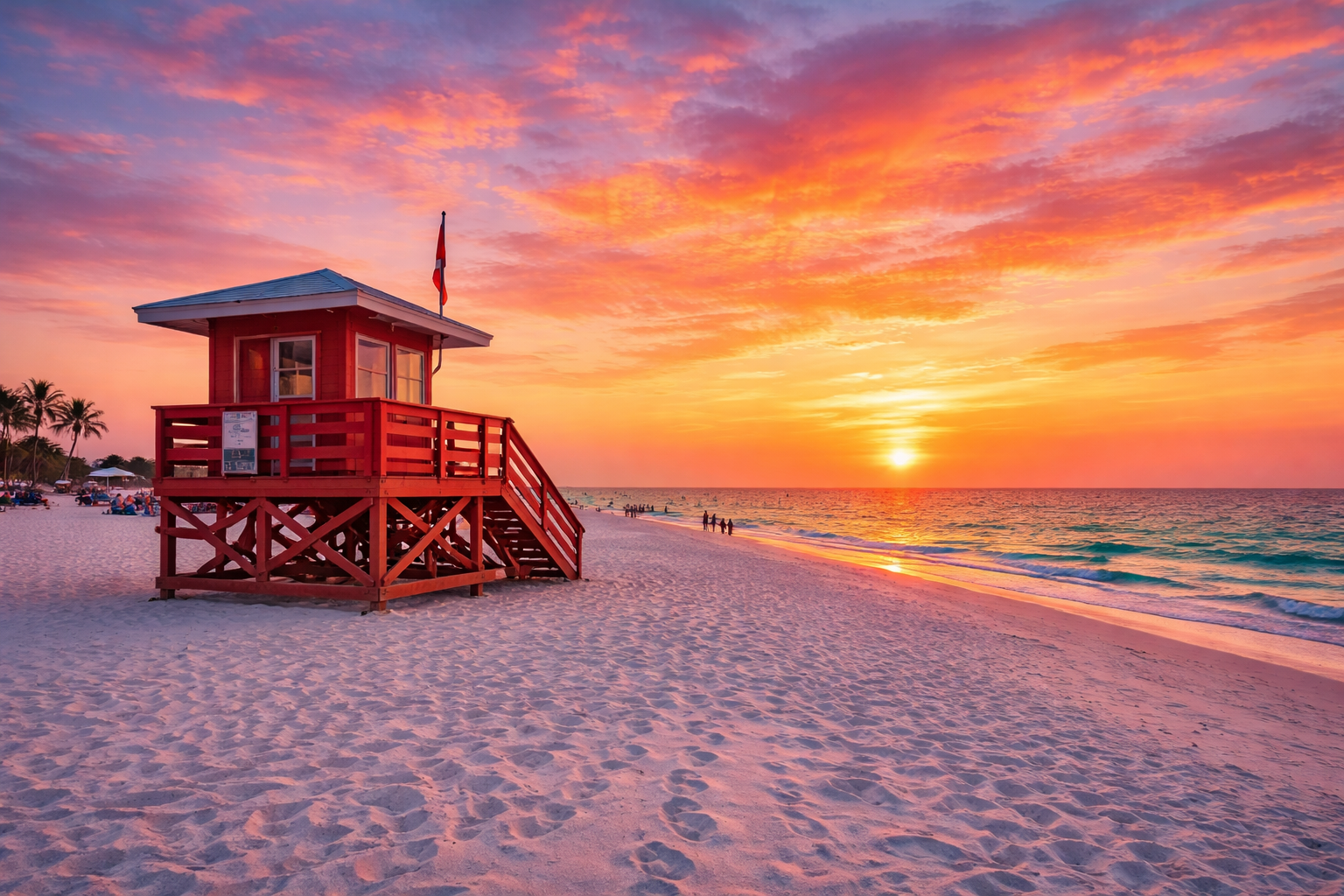 Colorful sunset over Siesta Key beach and a red lifeguard stand