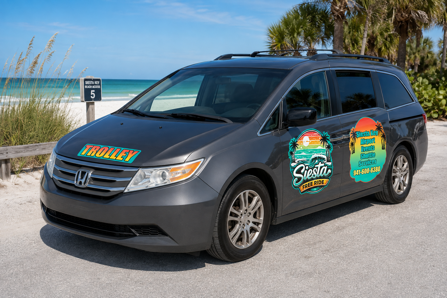 Front three-quarter view of the Siesta Free Ride van at beach access five