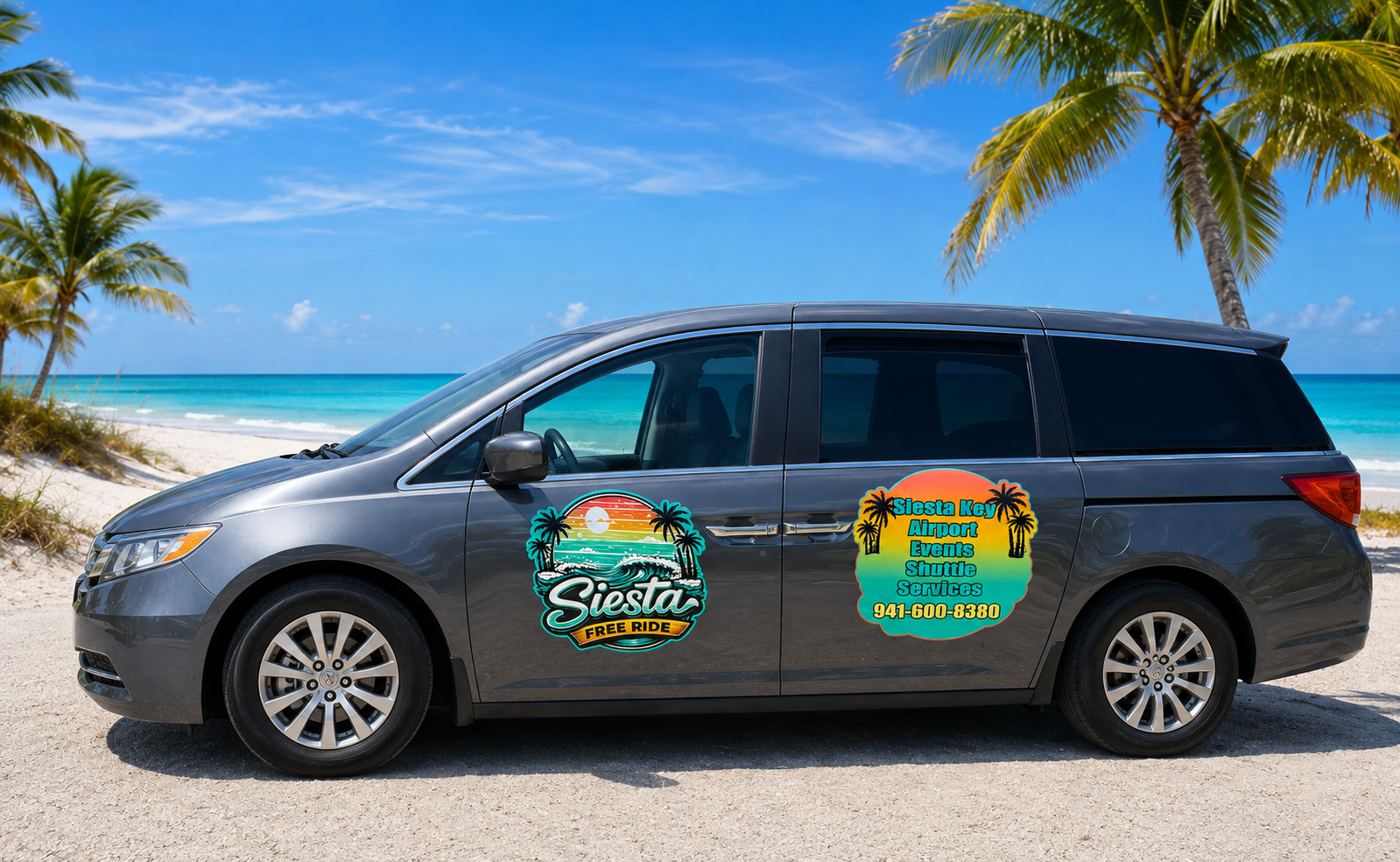 Side view of the Siesta Free Ride van at the beach